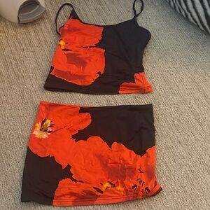 Floral Black and Red Women's Skirt Set